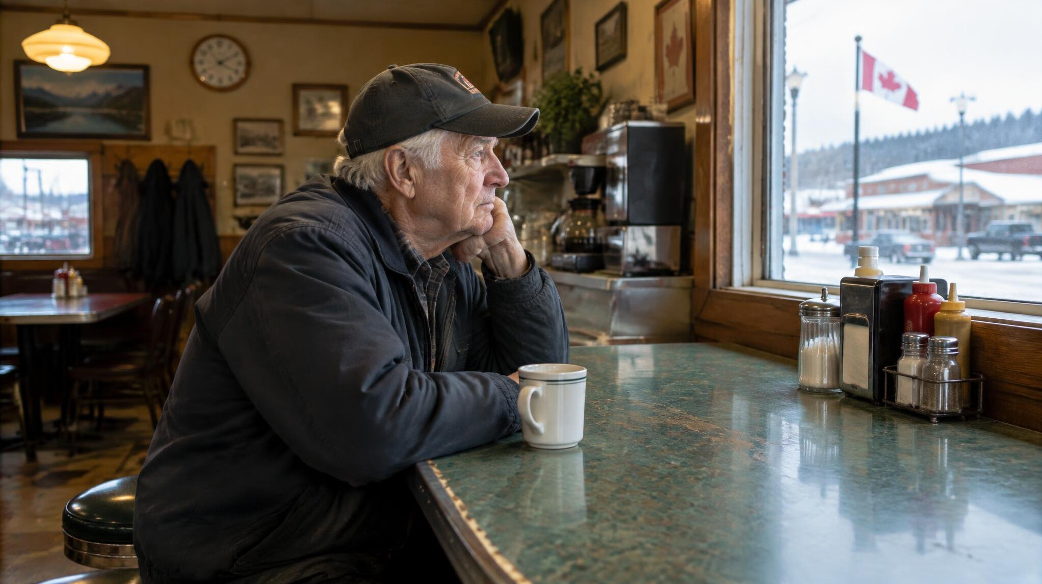 Elderly man sitting alone at a diner counter
