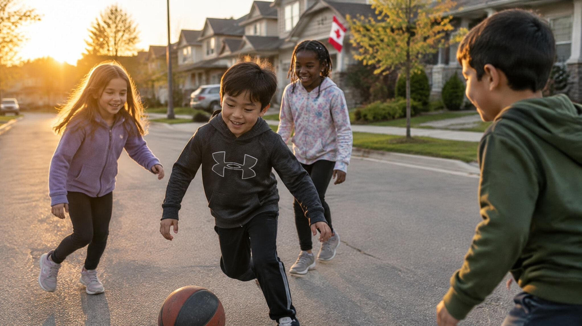 Children playing on a residential street at dusk