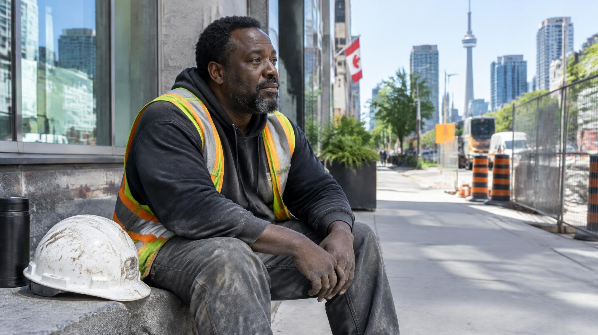 Construction worker taking a break on a city sidewalk